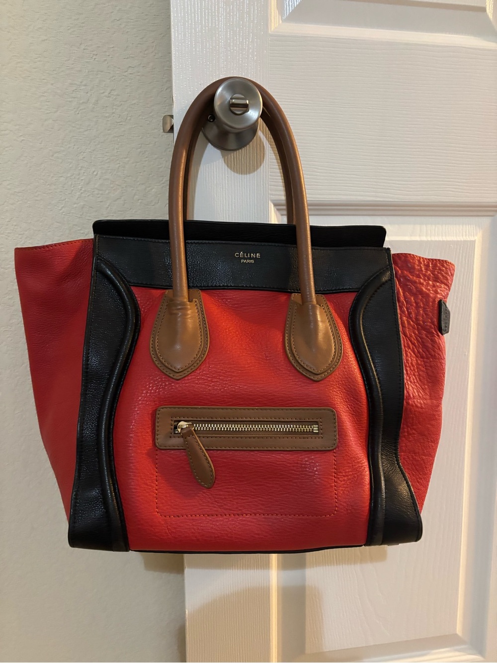 Red Leather Tricolor luggage Tote Bag
